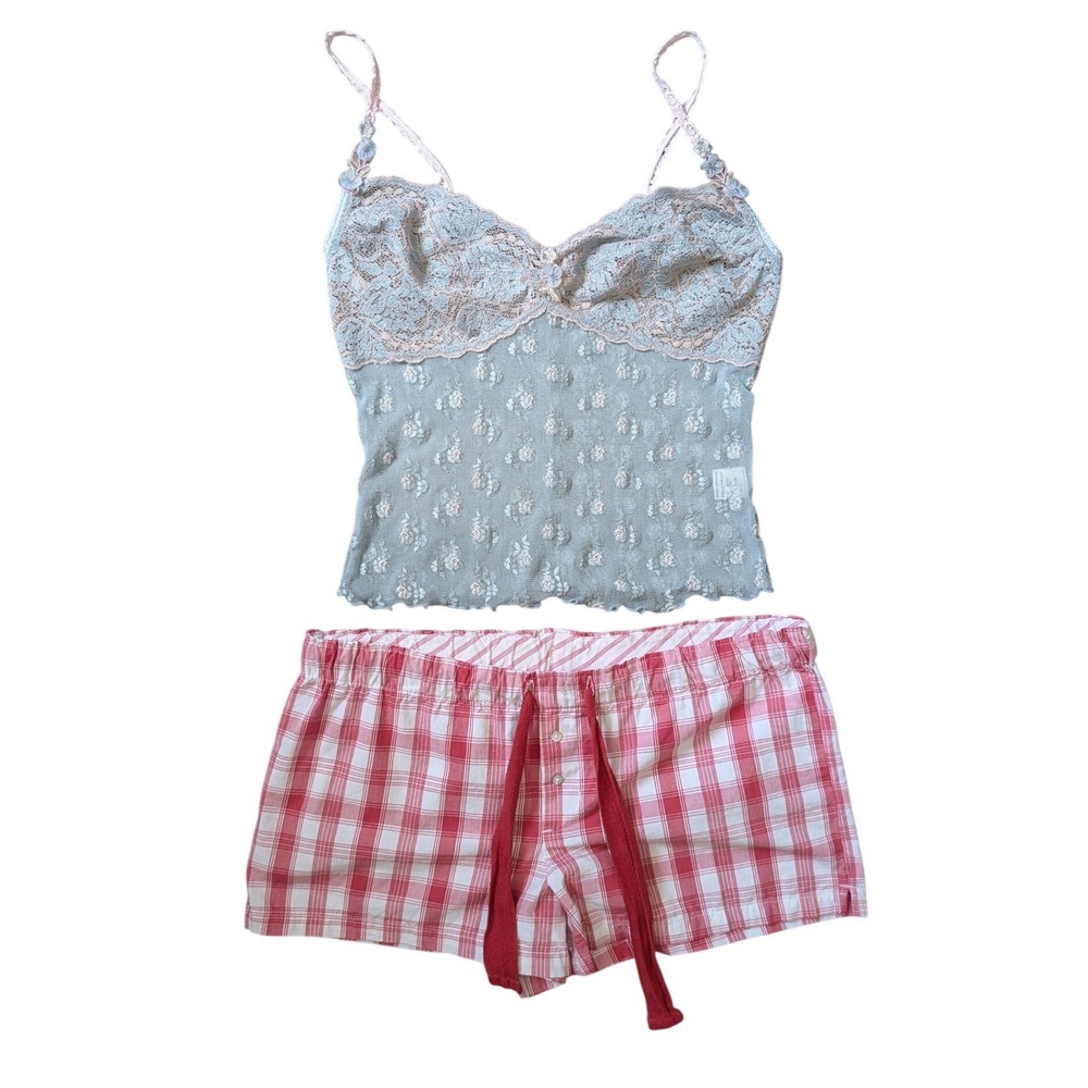 Vintage Y2K Ethereal Whimsy Cottage Plaid Shorts Embellished Floral Tank PJ Set